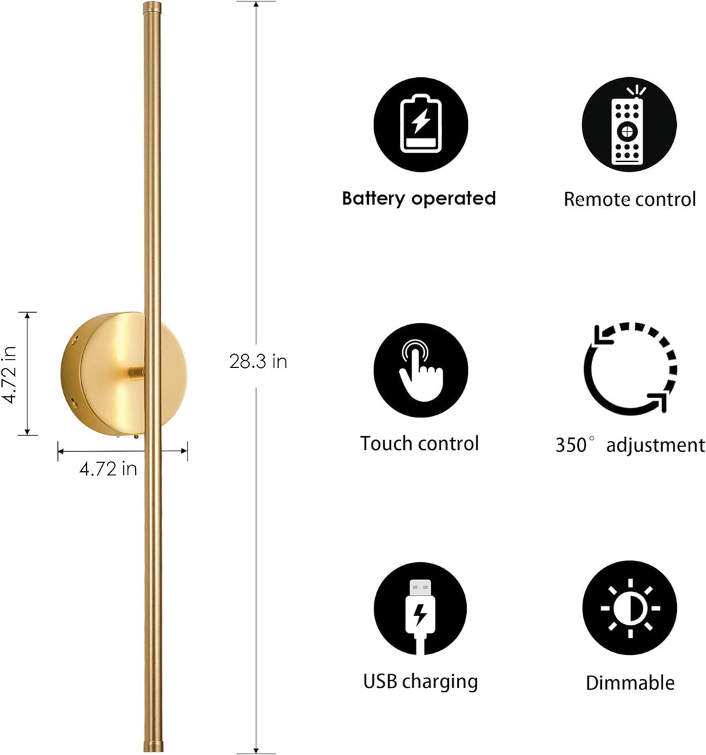 Battery-Operated Gold Wall Sconces with Remote (Set of 2) | Dimmable 3000K LED, Rotatable Design