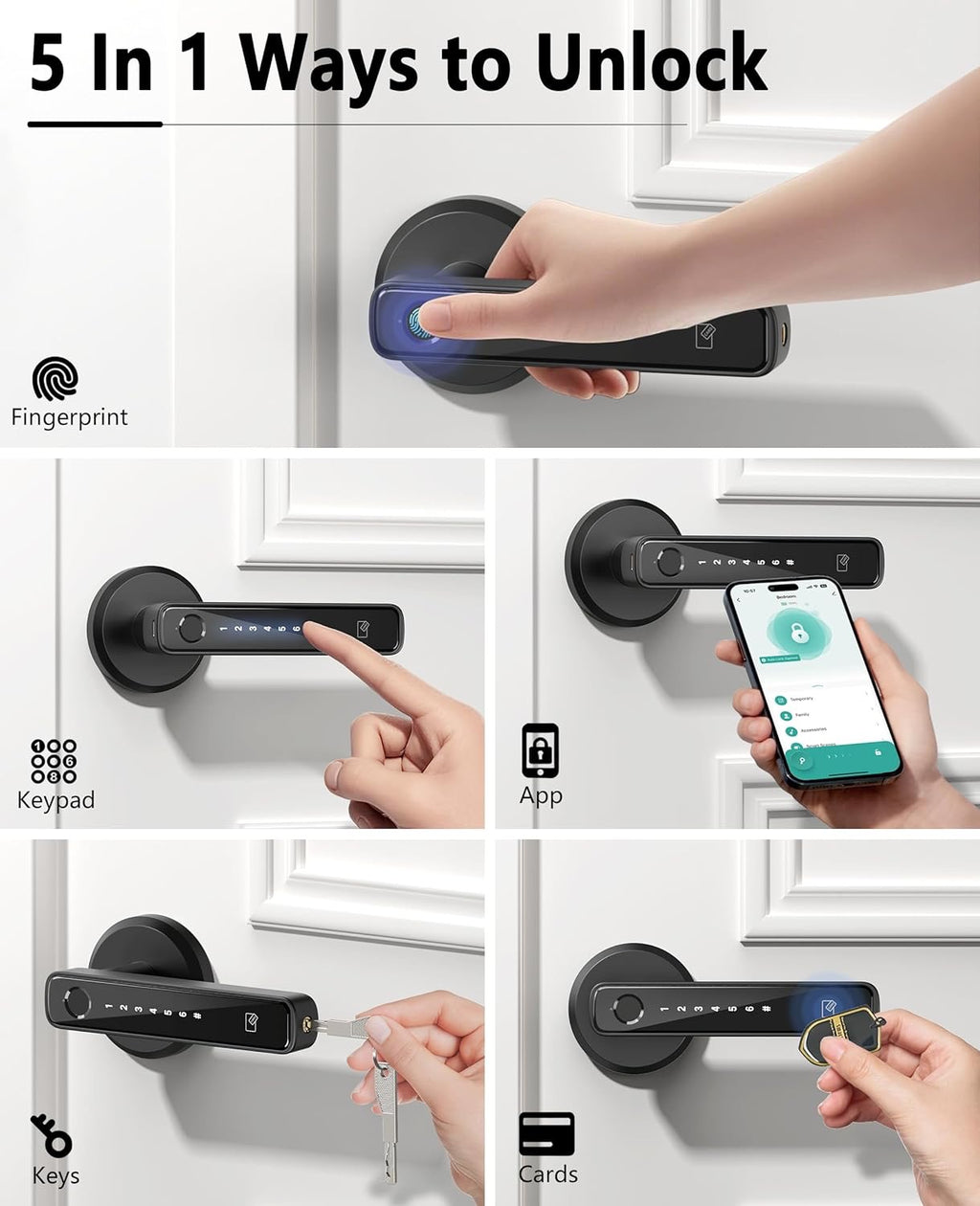Asidrama Smart Fingerprint Door Lock | Keyless Entry Biometric Keypad Handle with App Access (Black)