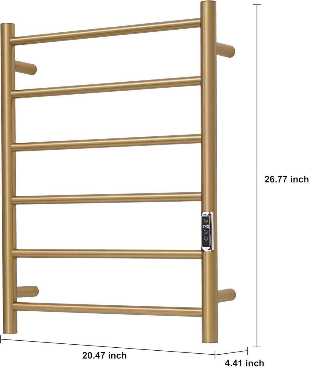 6-Bar Brushed Gold Heated Towel Rack | Wall-Mounted Electric Towel Warmer with Timer & Temperature Control