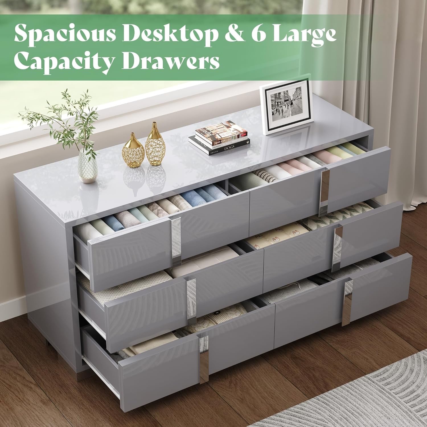 AMERLIFE 4-Piece High Gloss Bedroom Dresser Set | Modern White Storage Set with Nightstands, Chest & 6-Drawer Dresser