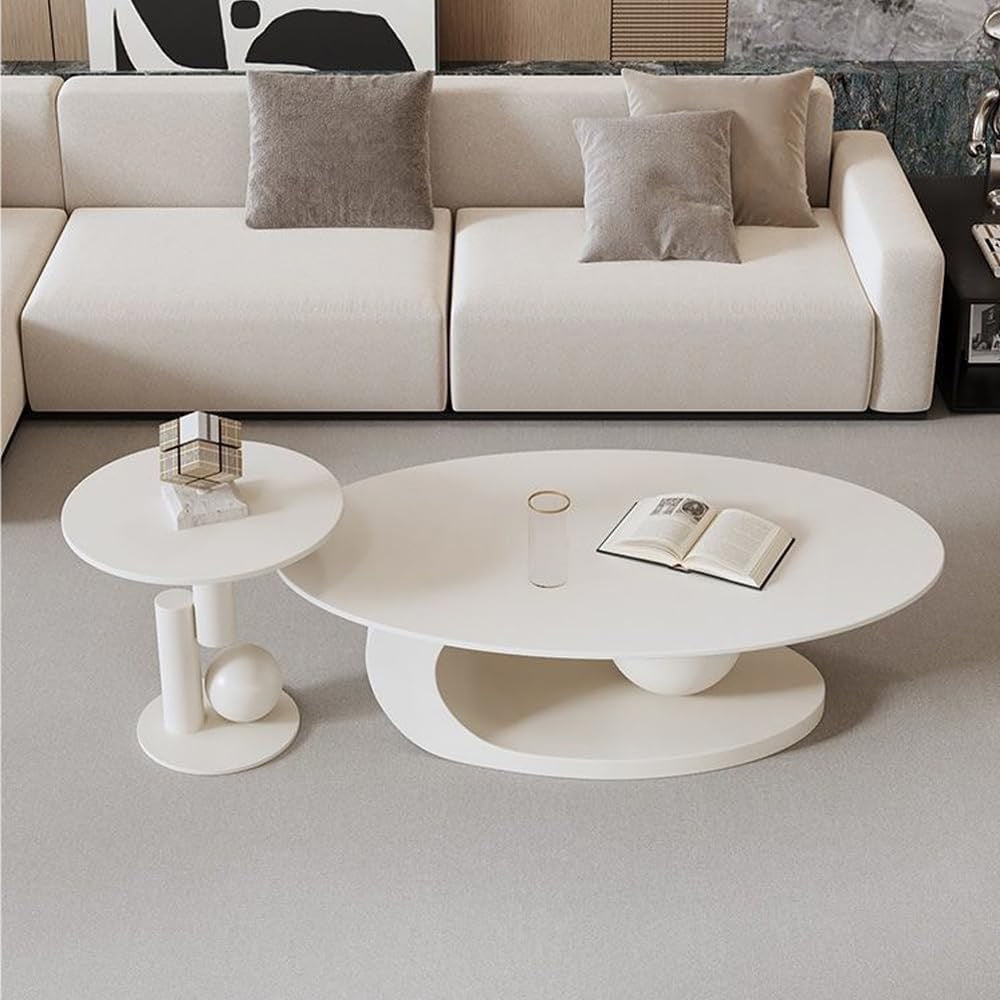 Modern Faux Marble Coffee Table | Abstract Oval Stone Coffee Table with Metal Base – 39"