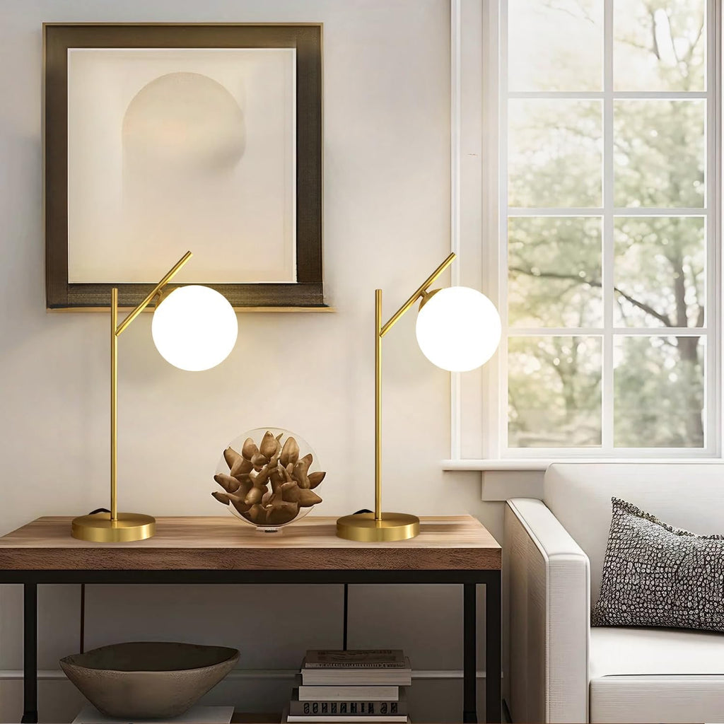 Mid Century Modern Table Lamp Brass Glass Globe | Contemporary Bedside Lamp with Milky White Glass Shade