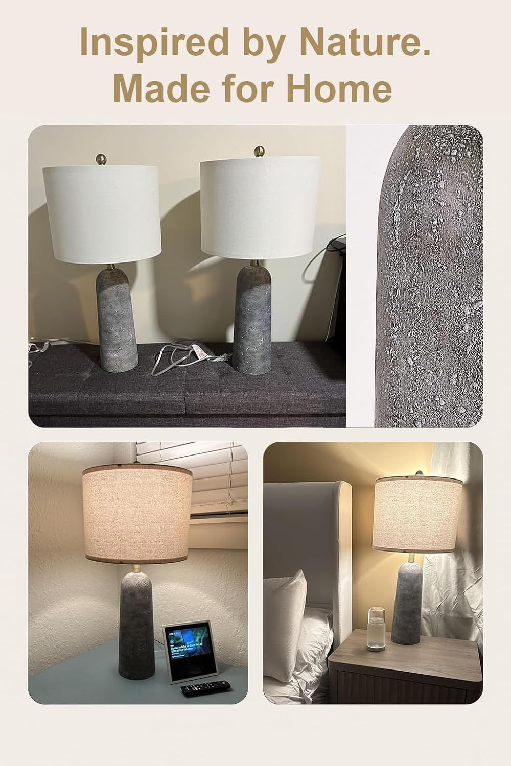BOBOMOMO Modern Table Lamps (Set of 2) | Gray Resin Stone-Look Lamps with Linen Shades – 27.25"