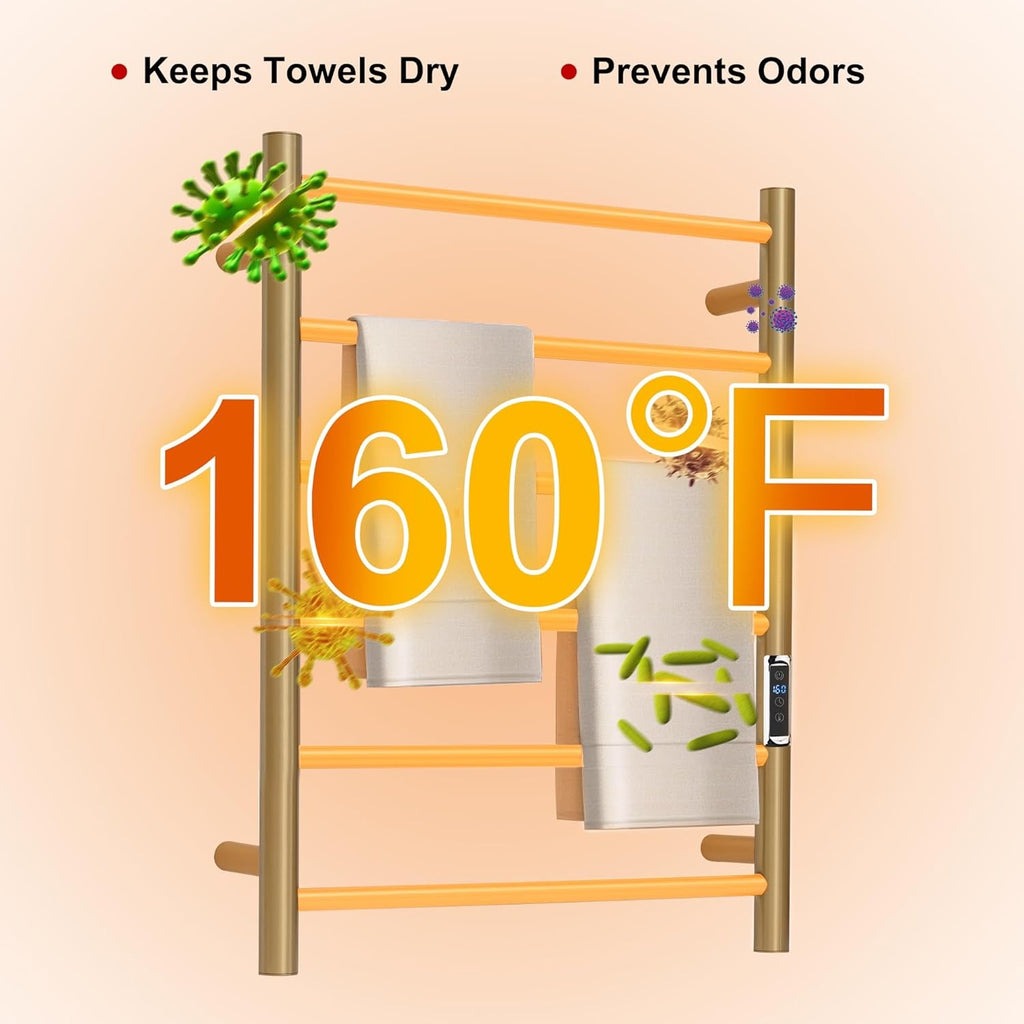 6-Bar Brushed Gold Heated Towel Rack | Wall-Mounted Electric Towel Warmer with Timer & Temperature Control