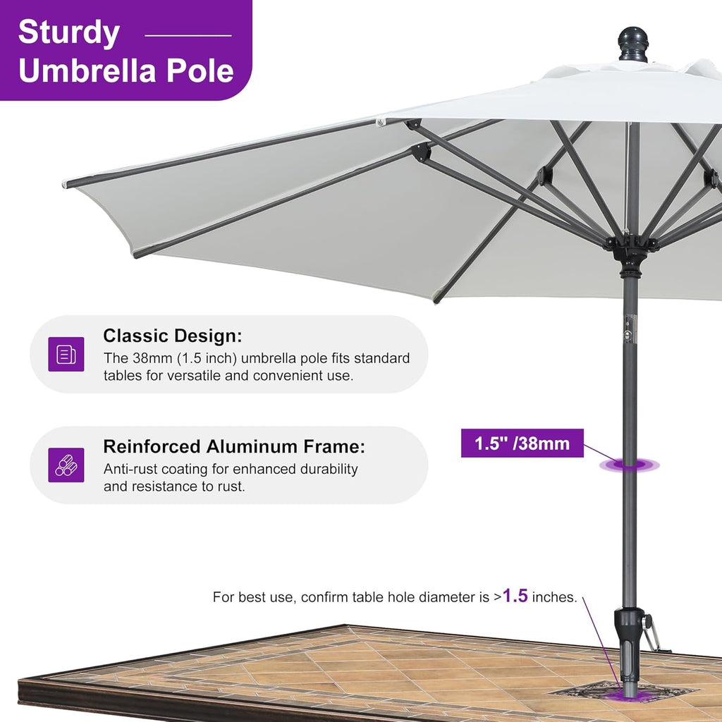 PURPLE LEAF 9’ Round Patio Umbrella | Aluminum Frame Market Umbrella with Tilt for Garden & Poolside (White)