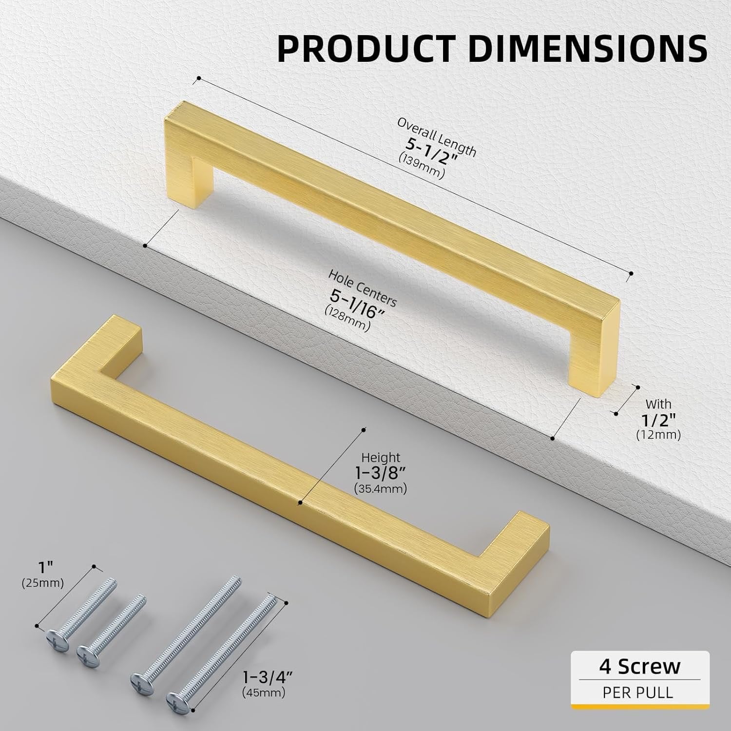 Goldenwarm 5" Brushed Brass Cabinet Pulls (35-Pack) | Modern Square Stainless Steel Drawer Hardware