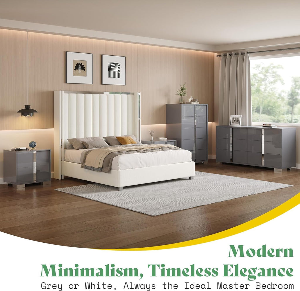 AMERLIFE 4-Piece High Gloss Bedroom Dresser Set | Modern White Storage Set with Nightstands, Chest & 6-Drawer Dresser
