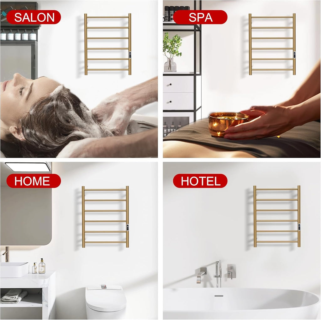 6-Bar Brushed Gold Heated Towel Rack | Wall-Mounted Electric Towel Warmer with Timer & Temperature Control