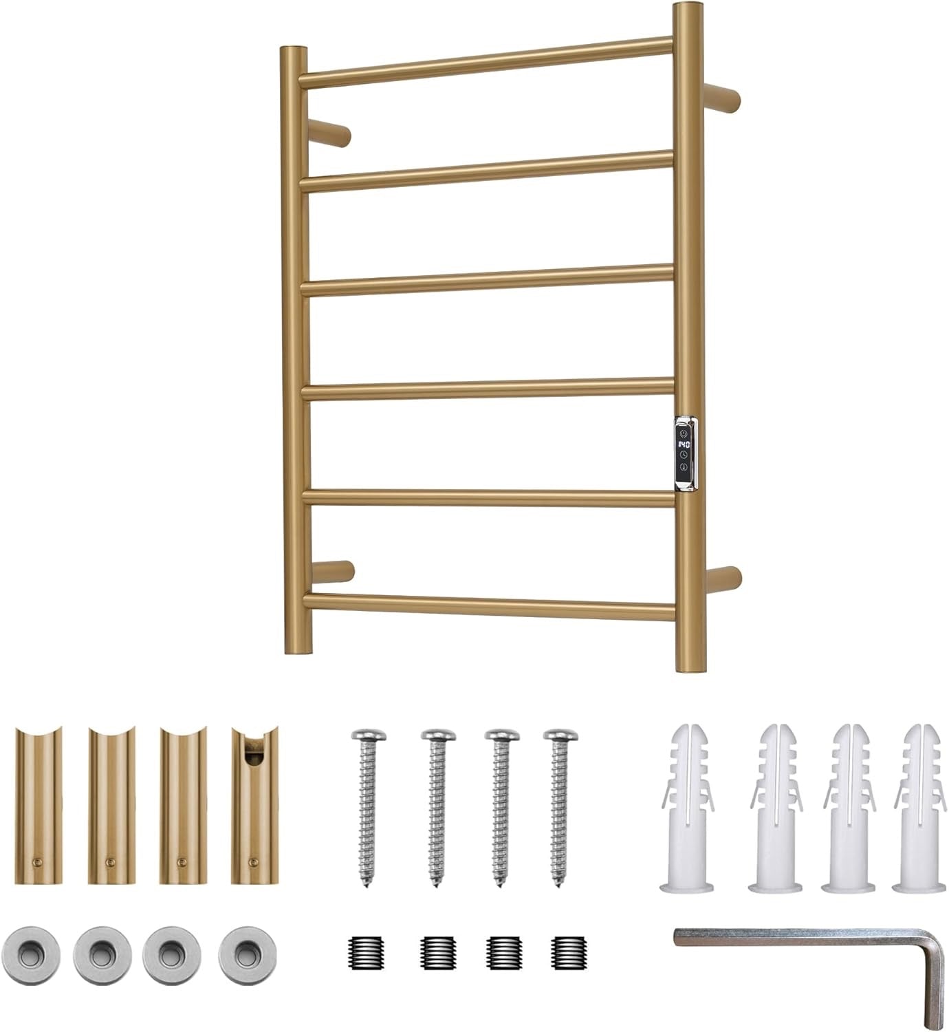 6-Bar Brushed Gold Heated Towel Rack | Wall-Mounted Electric Towel Warmer with Timer & Temperature Control