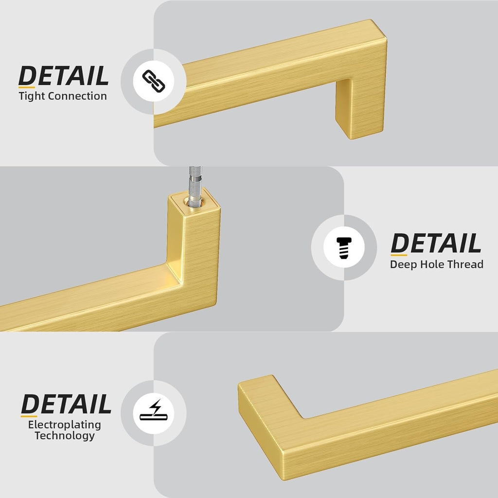 Goldenwarm 5" Brushed Brass Cabinet Pulls (35-Pack) | Modern Square Stainless Steel Drawer Hardware
