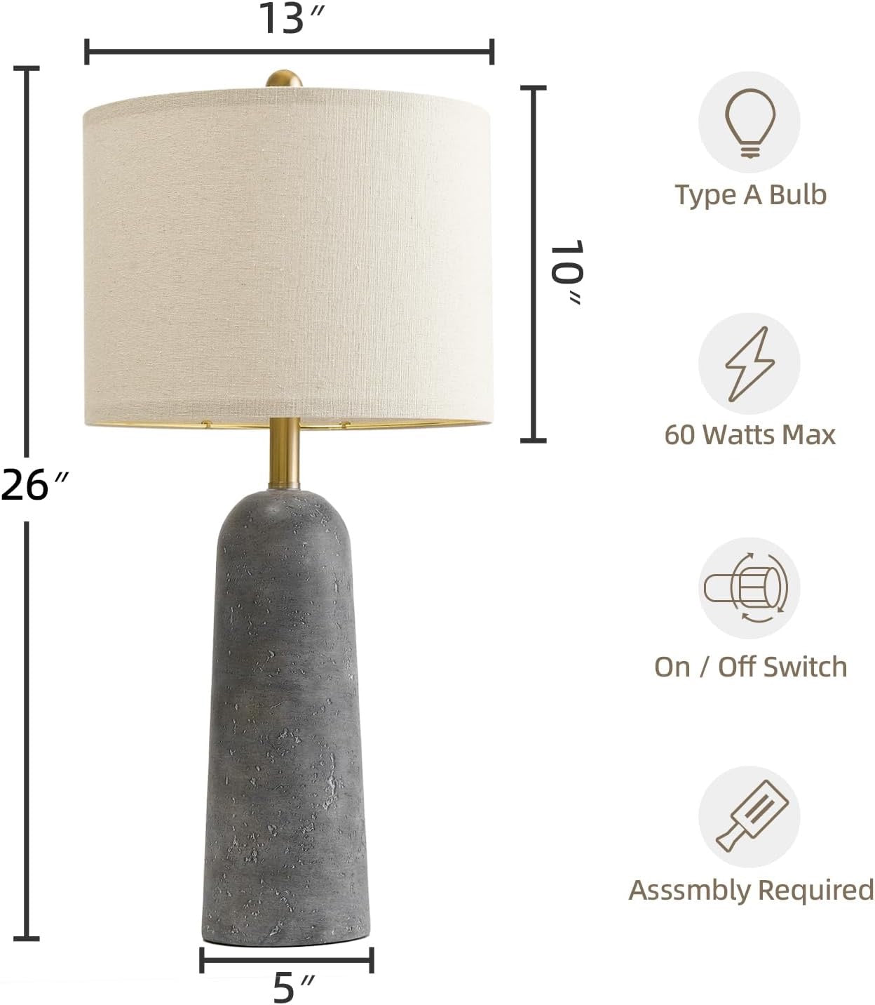 BOBOMOMO Modern Table Lamps (Set of 2) | Gray Resin Stone-Look Lamps with Linen Shades – 27.25"