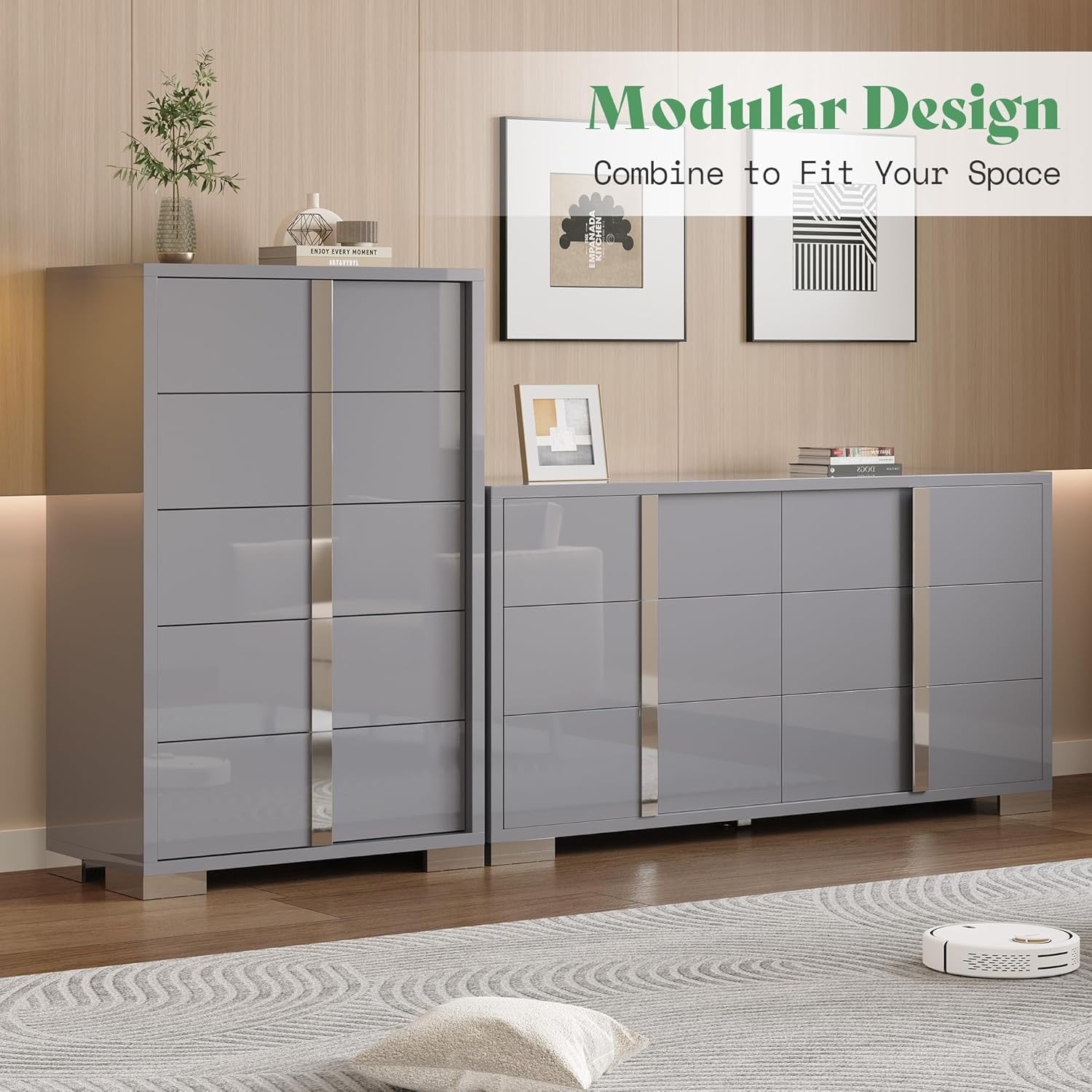 AMERLIFE 4-Piece High Gloss Bedroom Dresser Set | Modern White Storage Set with Nightstands, Chest & 6-Drawer Dresser
