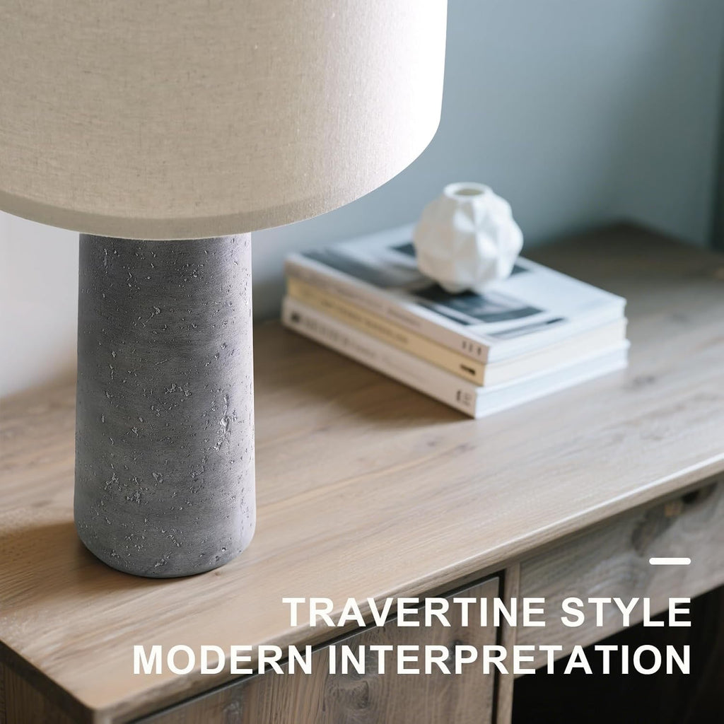 BOBOMOMO Modern Table Lamps (Set of 2) | Gray Resin Stone-Look Lamps with Linen Shades – 27.25"