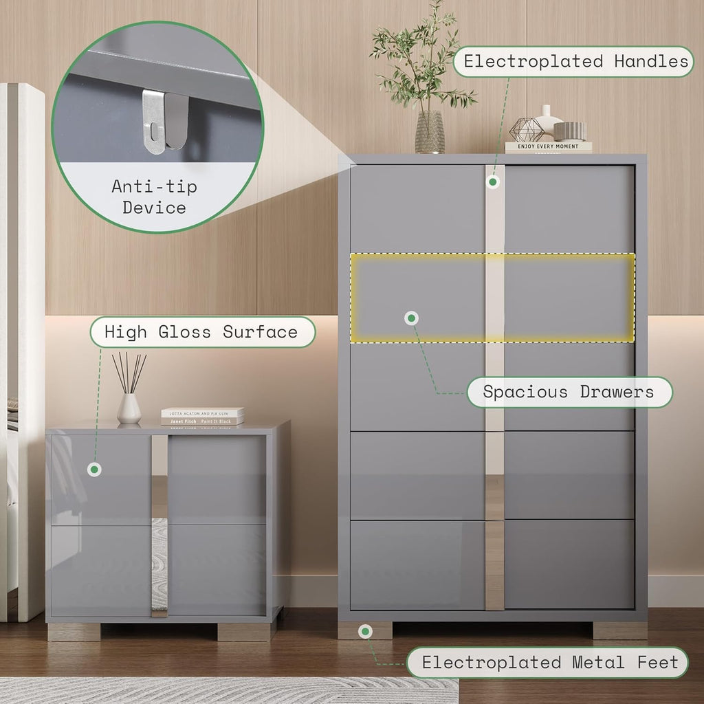 AMERLIFE 4-Piece High Gloss Bedroom Dresser Set | Modern White Storage Set with Nightstands, Chest & 6-Drawer Dresser