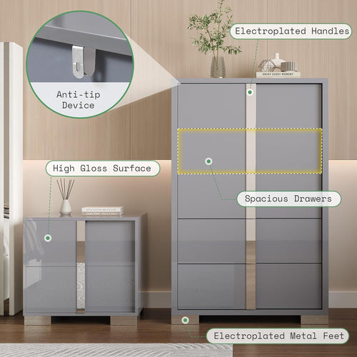 AMERLIFE 4-Piece High Gloss Bedroom Dresser Set | Modern White Storage Set with Nightstands, Chest & 6-Drawer Dresser