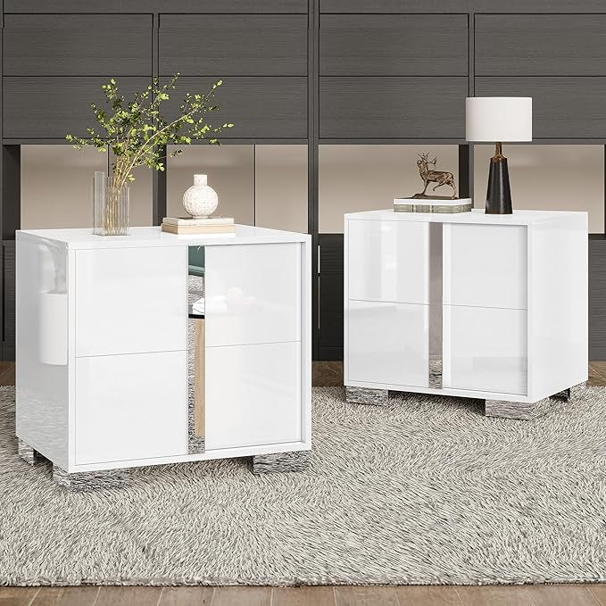 Modern White High-Gloss Nightstand Set of 2 | 2 Drawer Bedside Tables with Electroplated Handles