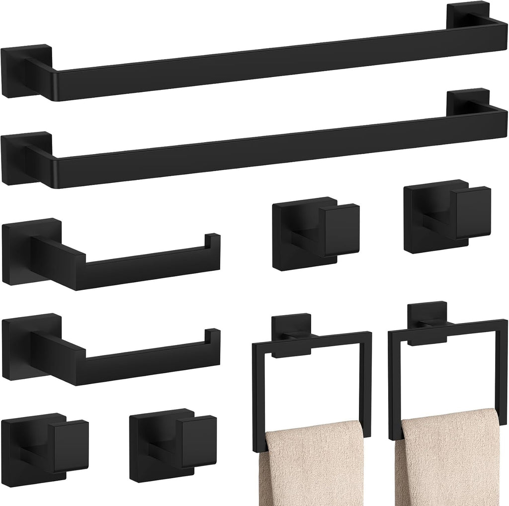 10-Piece Matte Black Bathroom Hardware Set | 23.6” SUS304 Stainless Steel Towel Bar & Accessories
