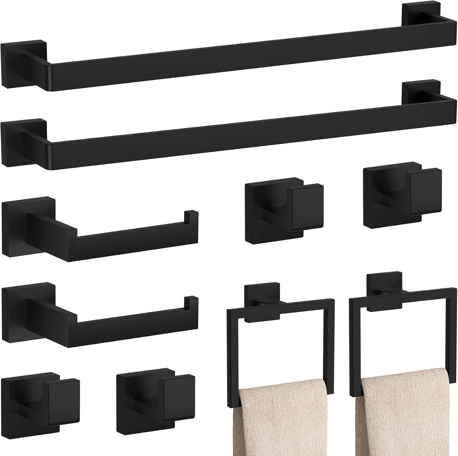 10-Piece Matte Black Bathroom Hardware Set | 23.6” SUS304 Stainless Steel Towel Bar & Accessories