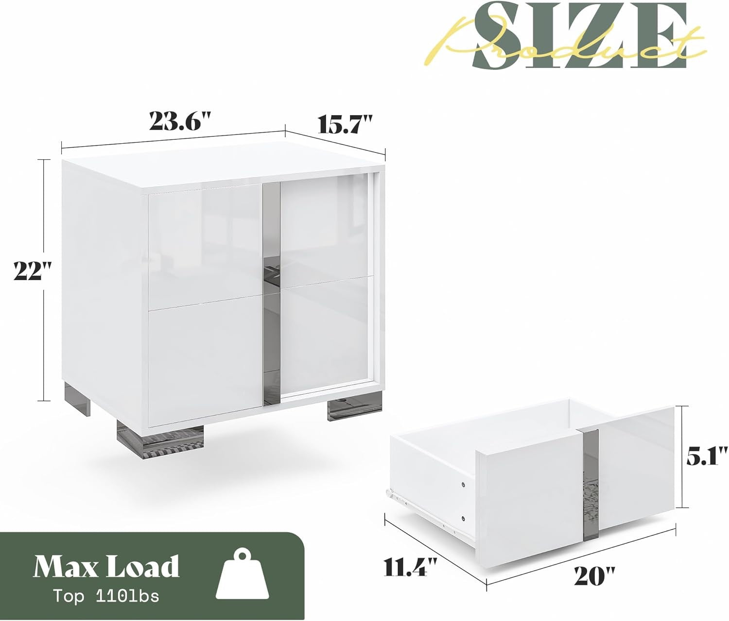 Modern White High-Gloss Nightstand Set of 2 | 2 Drawer Bedside Tables with Electroplated Handles