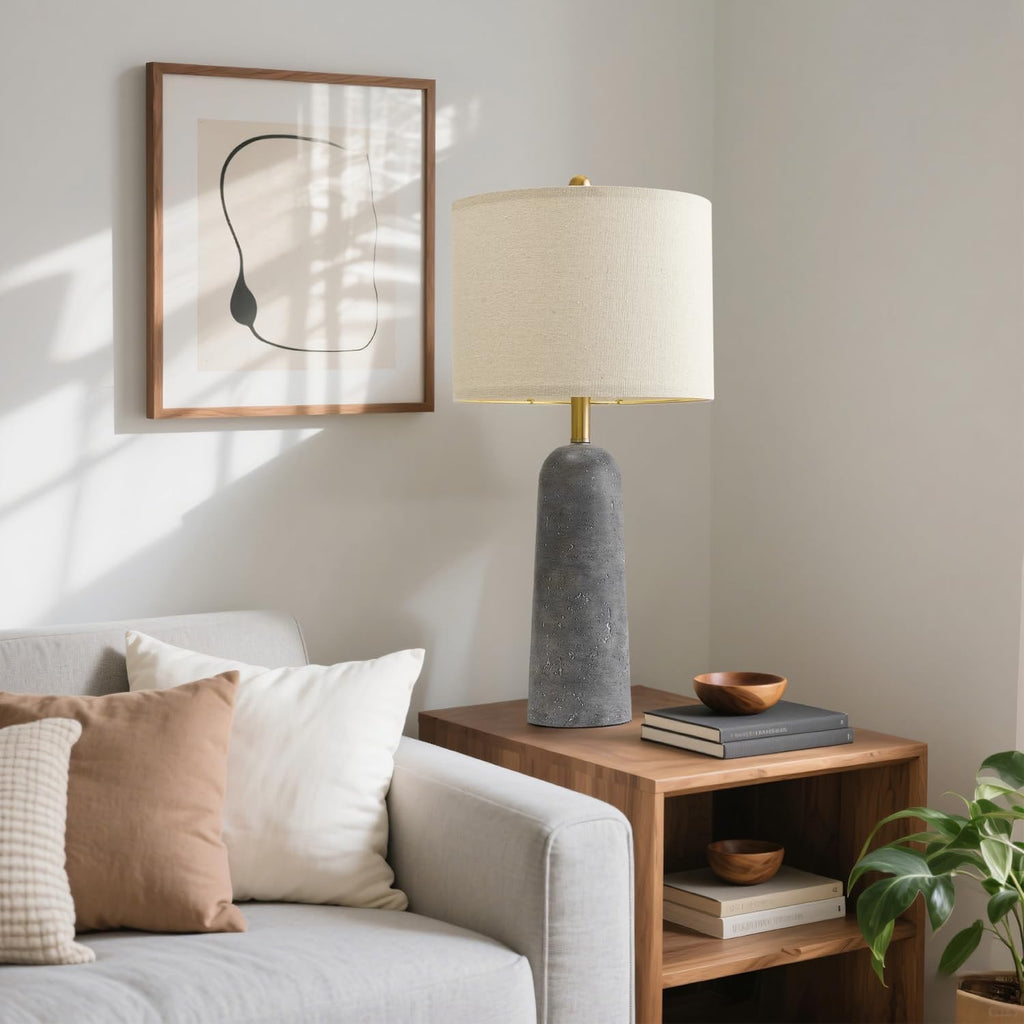 BOBOMOMO Modern Table Lamps (Set of 2) | Gray Resin Stone-Look Lamps with Linen Shades – 27.25"