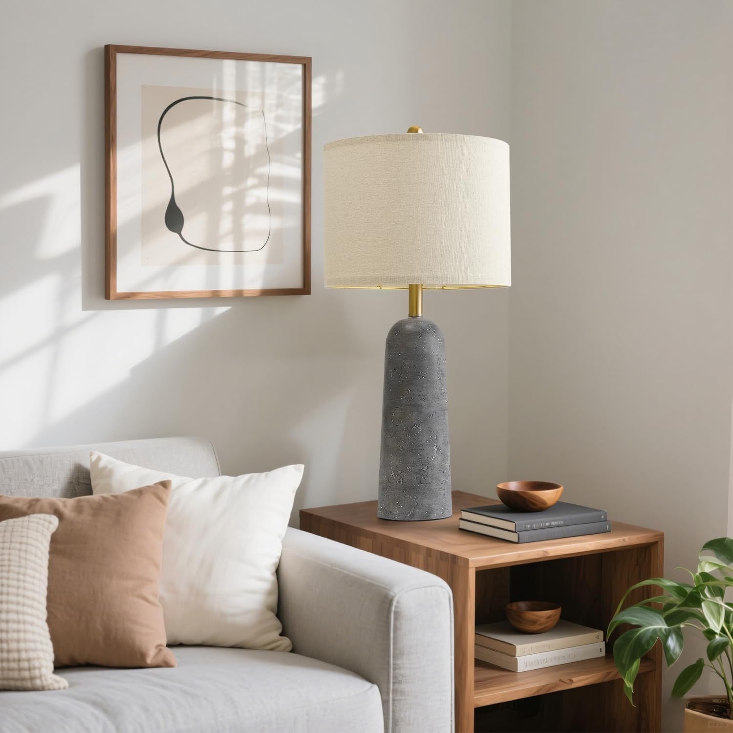 BOBOMOMO Modern Table Lamps (Set of 2) | Gray Resin Stone-Look Lamps with Linen Shades – 27.25"