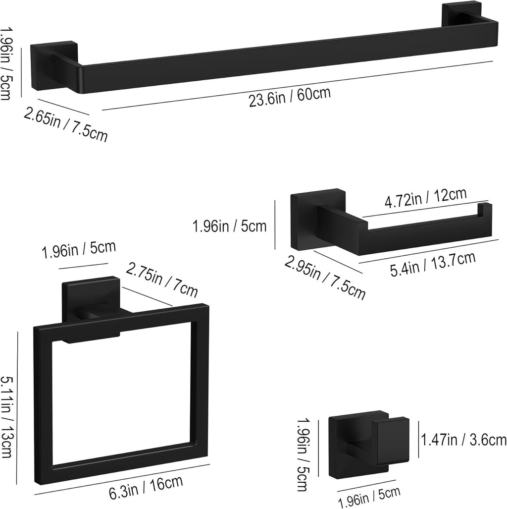 10-Piece Matte Black Bathroom Hardware Set | 23.6” SUS304 Stainless Steel Towel Bar & Accessories