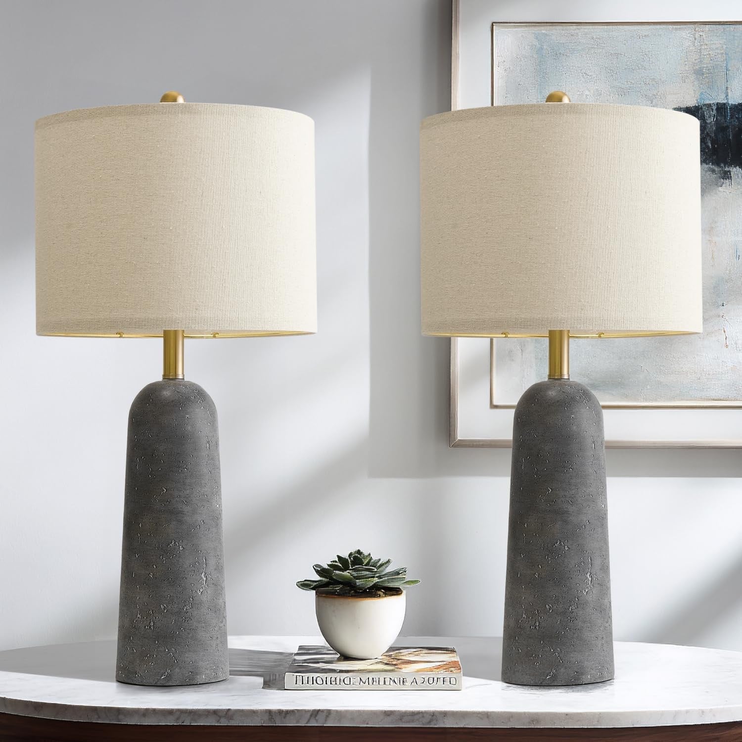 BOBOMOMO Modern Table Lamps (Set of 2) | Gray Resin Stone-Look Lamps with Linen Shades – 27.25"