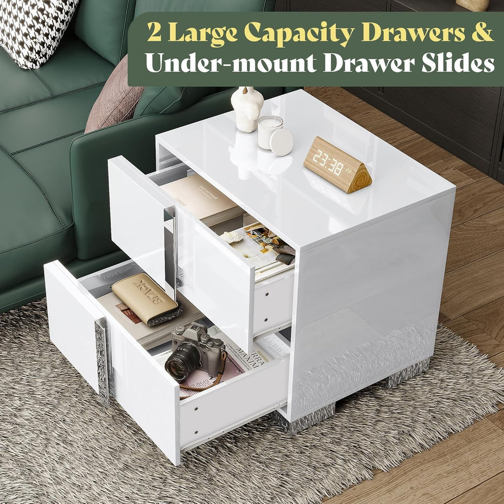 Modern White High-Gloss Nightstand Set of 2 | 2 Drawer Bedside Tables with Electroplated Handles