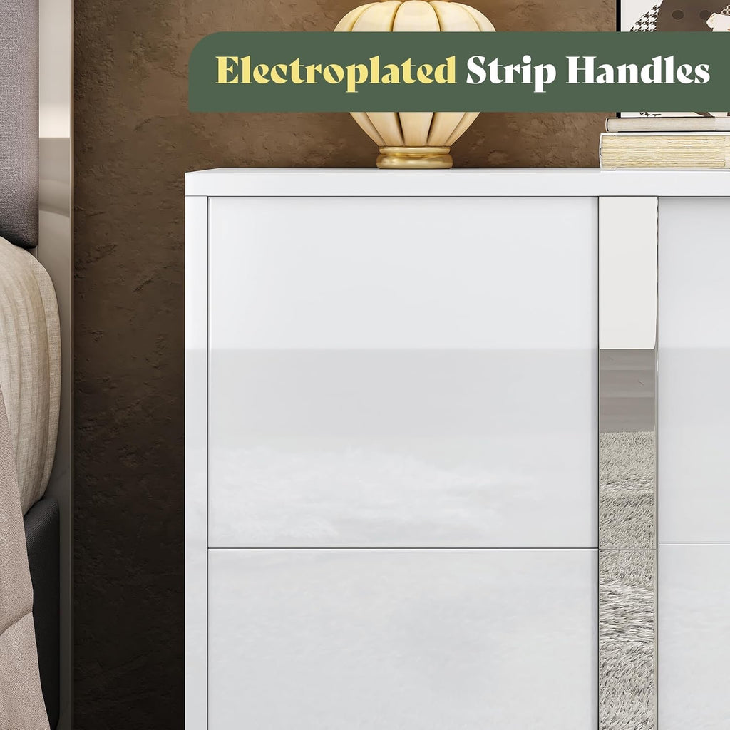 Modern White High-Gloss Nightstand Set of 2 | 2 Drawer Bedside Tables with Electroplated Handles