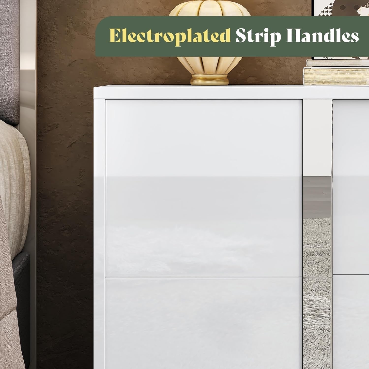 Modern White High-Gloss Nightstand Set of 2 | 2 Drawer Bedside Tables with Electroplated Handles