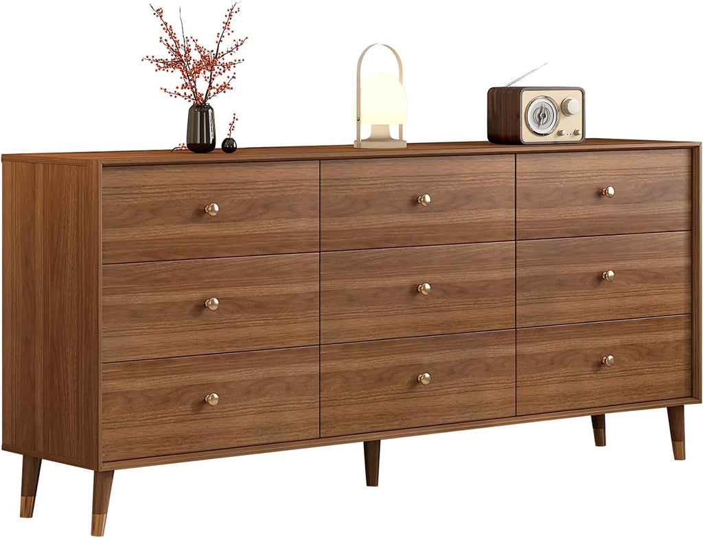 Mid-Century Modern 9-Drawer Dresser 63” | Walnut Solid Wood Storage Cabinet with Beveled Design