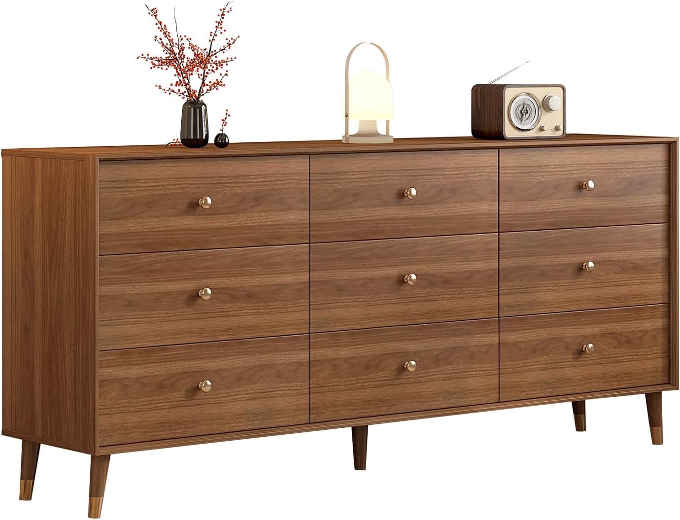 Mid-Century Modern 9-Drawer Dresser 63” | Walnut Solid Wood Storage Cabinet with Beveled Design
