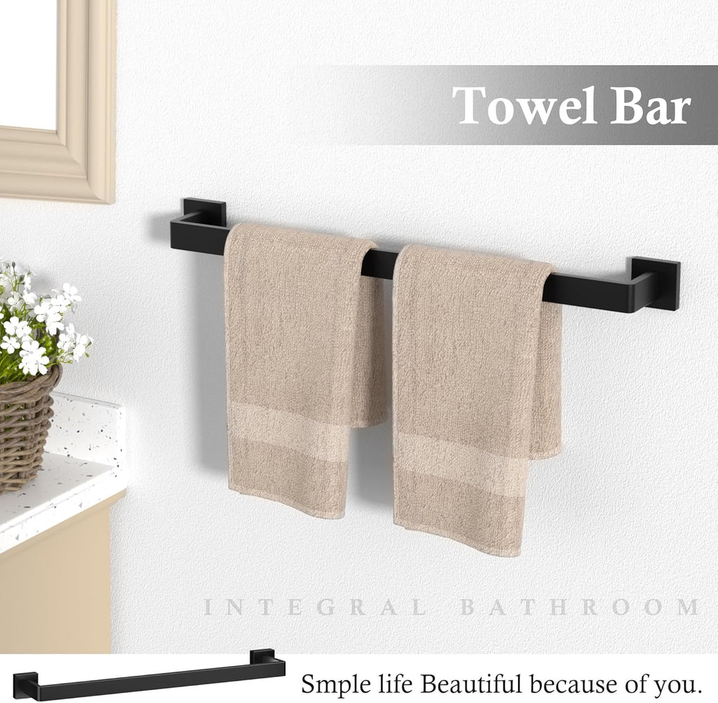 10-Piece Matte Black Bathroom Hardware Set | 23.6” SUS304 Stainless Steel Towel Bar & Accessories