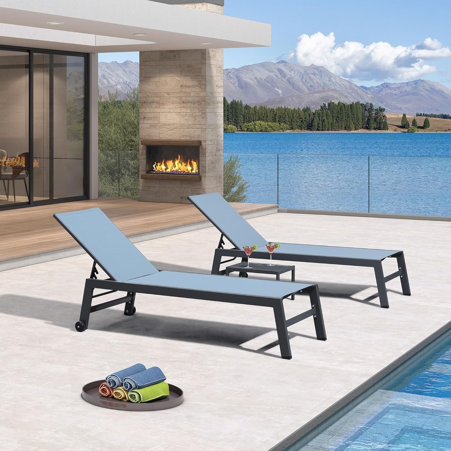 PURPLE LEAF Outdoor Chaise Lounge Set for 2 | Aluminum Poolside Lounge Chairs with Side Table (Teal)