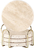 Natural Yellow Travertine Marble Coasters Set of 4 | Round Stone Drink Coasters with Gold Holder