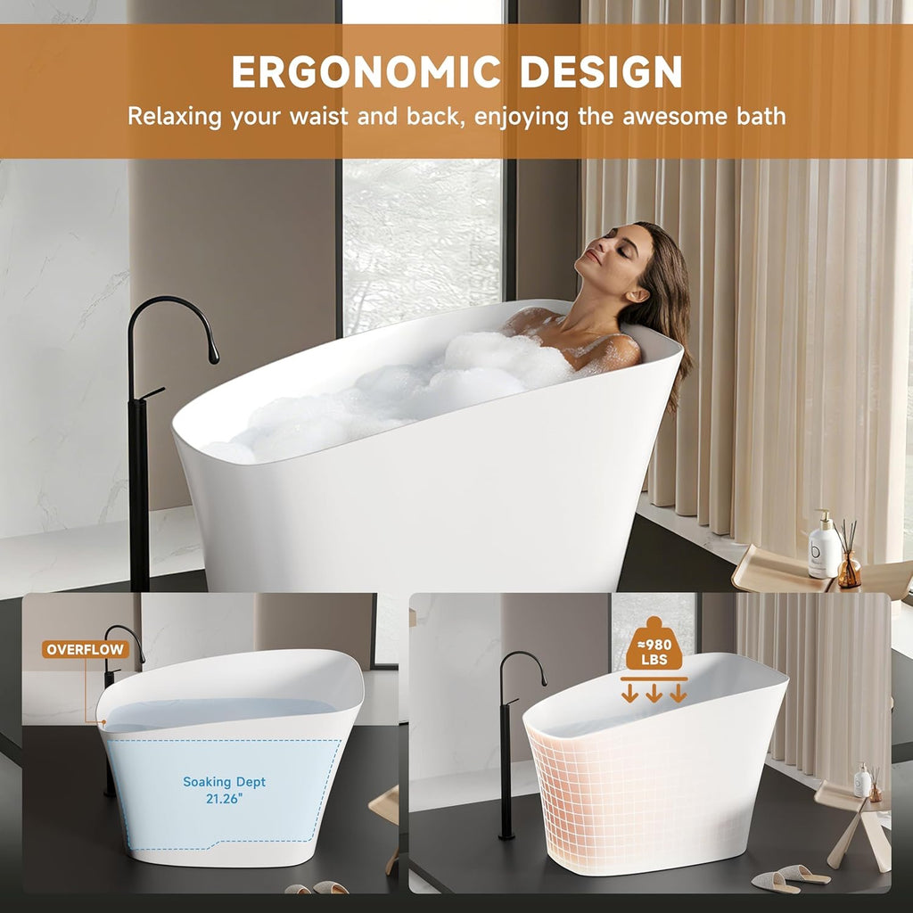51-Inch Japanese Soaking Tub – Freestanding Stone Resin Deep Soaking Bathtub with Built-In Seat