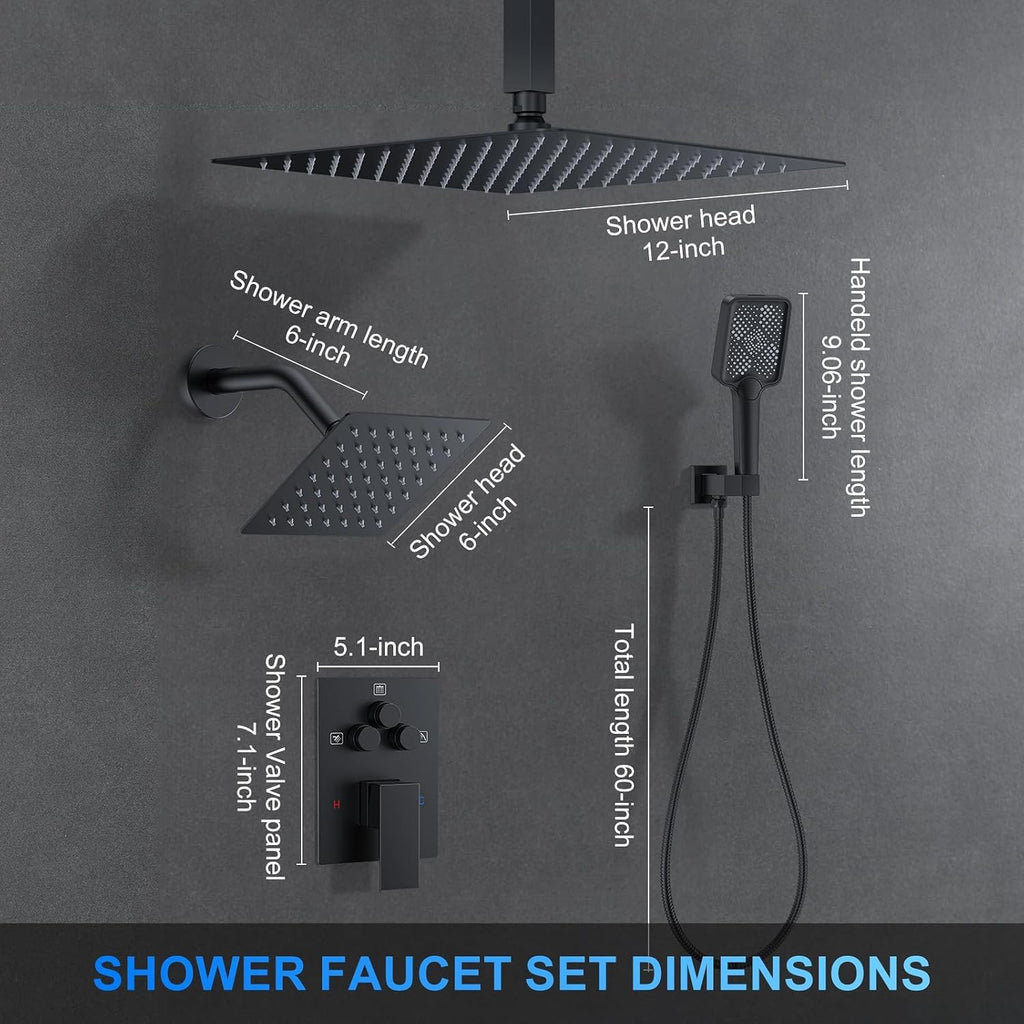 12" Ceiling Mount Rainfall Shower System Matte Black | Dual Shower Heads with Handheld & Push Button Diverter Faucet Kit