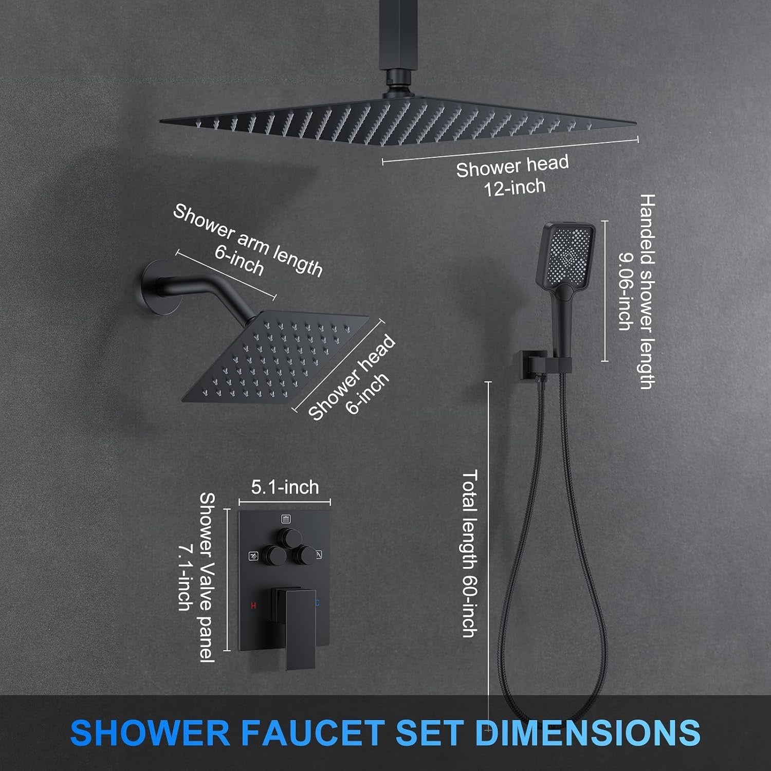 12" Ceiling Mount Rainfall Shower System Matte Black | Dual Shower Heads with Handheld & Push Button Diverter Faucet Kit
