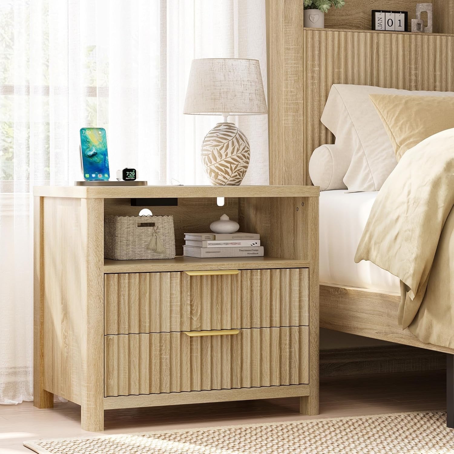 CypBed Fluted Nightstand Set of 2 | Walnut Mid-Century Bedside Tables with Charging Station
