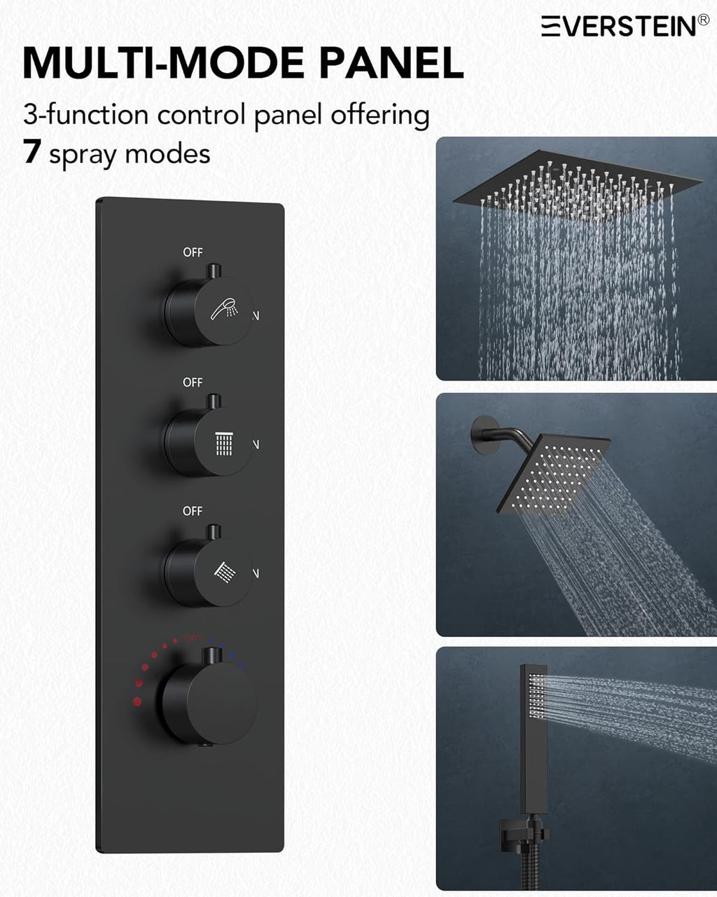 12” Ceiling Mount LED Rainfall Shower System | Matte Black Dual Shower Head with 64-Color Mood Lighting