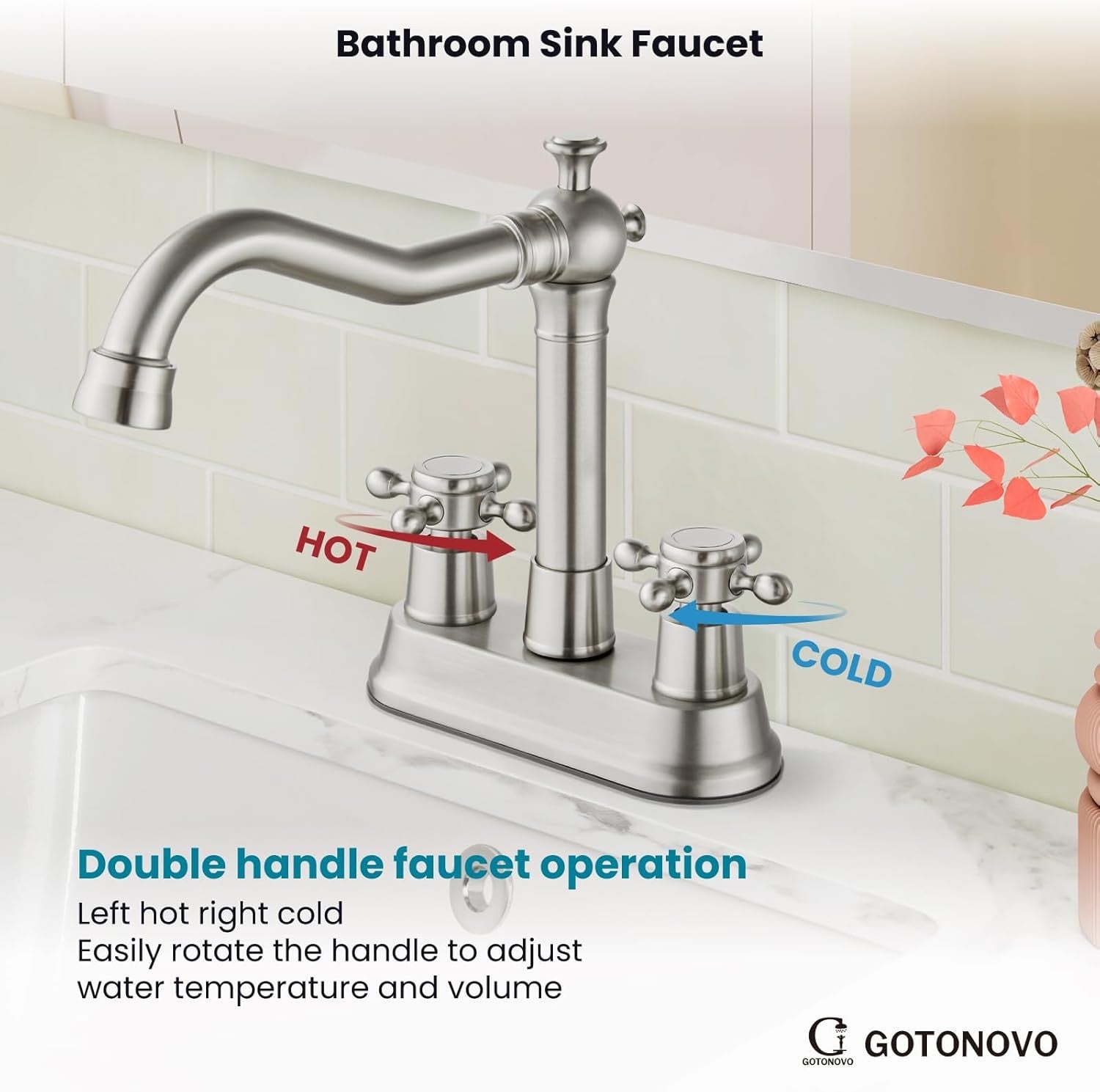 gotonovo 4 Inch Centerset Bathroom Faucet | Brushed Nickel Cross Handle Vanity Faucet with Pop-Up Drain
