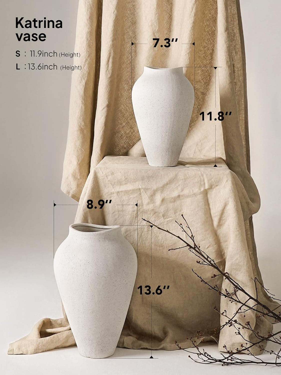 White Ceramic Floor Vase | 11.8" Sandstone Textured Decorative Vase