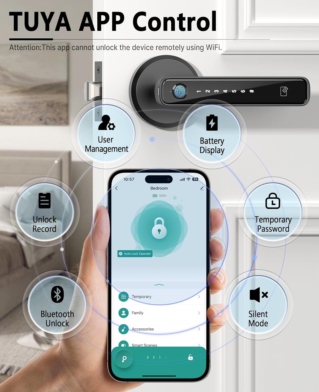 Asidrama Smart Fingerprint Door Lock | Keyless Entry Biometric Keypad Handle with App Access (Black)