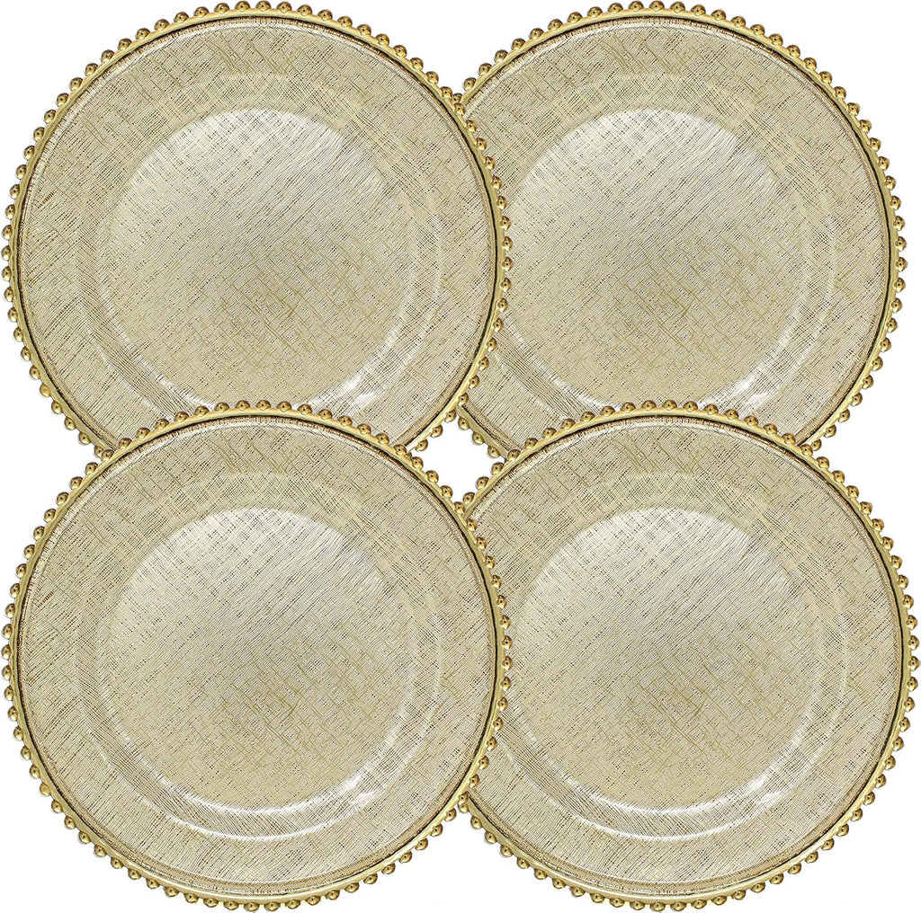 Ms Lovely Cross Stitch Glass Charger Plates 13 Inch Gold Set of 4 | Beaded Rim Elegant Dinner Charger Plates