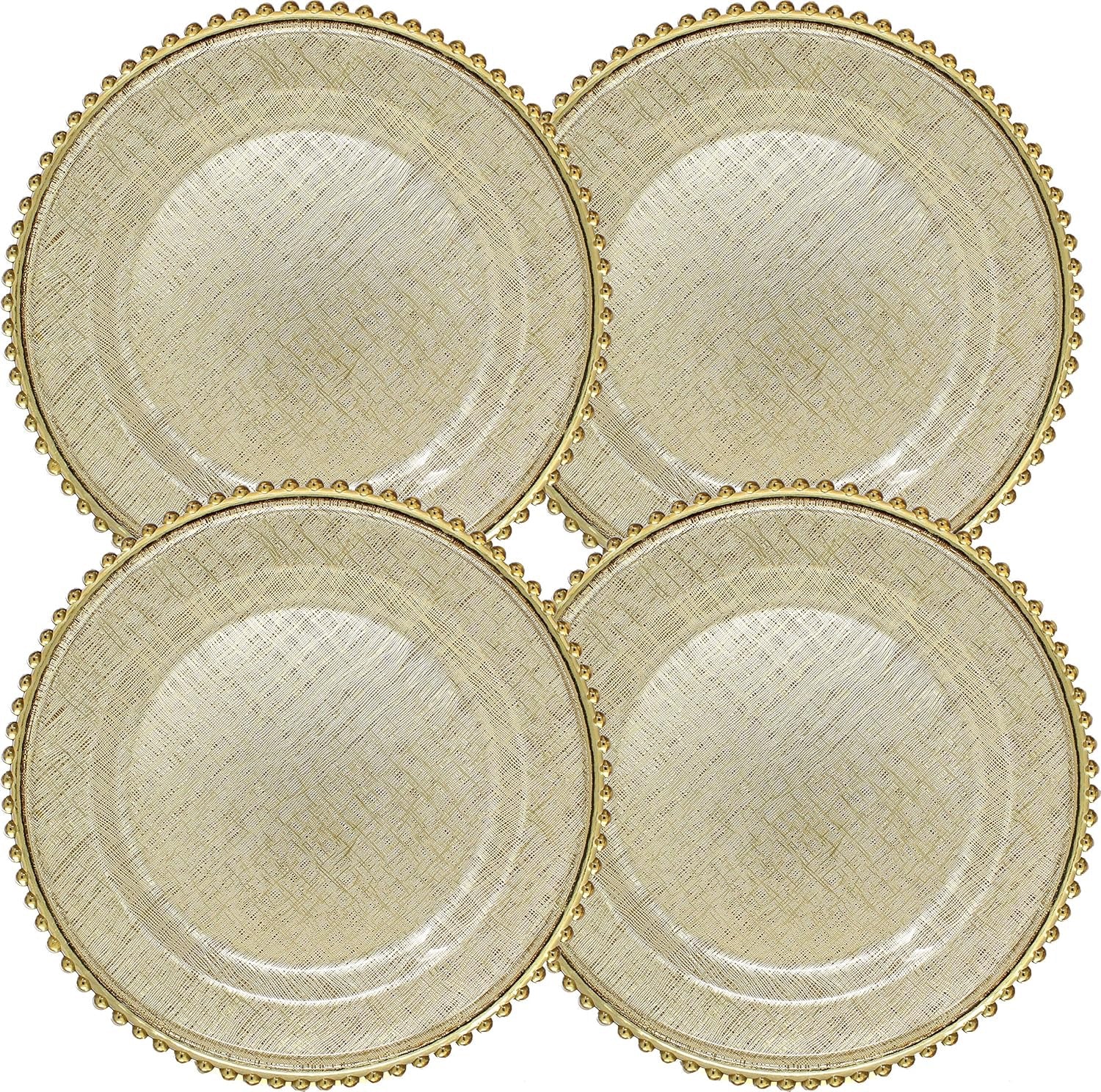 Ms Lovely Cross Stitch Glass Charger Plates 13 Inch Gold Set of 4 | Beaded Rim Elegant Dinner Charger Plates