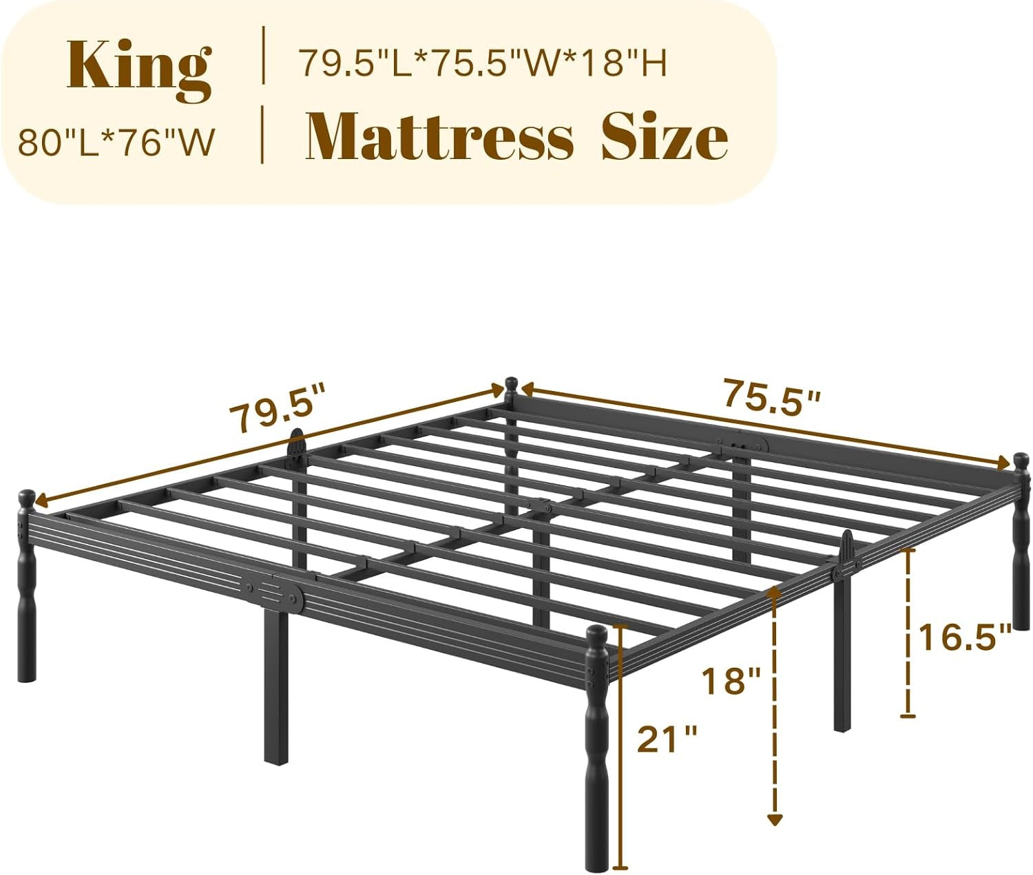 COMASACH Heavy Duty King Platform Bed Frame | Metal Frame with Storage & Mattress Stopper – Black