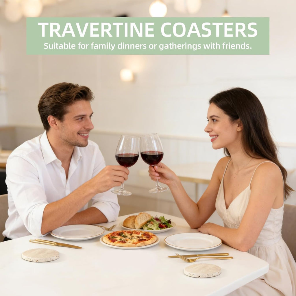 Natural Yellow Travertine Marble Coasters Set of 4 | Round Stone Drink Coasters with Gold Holder