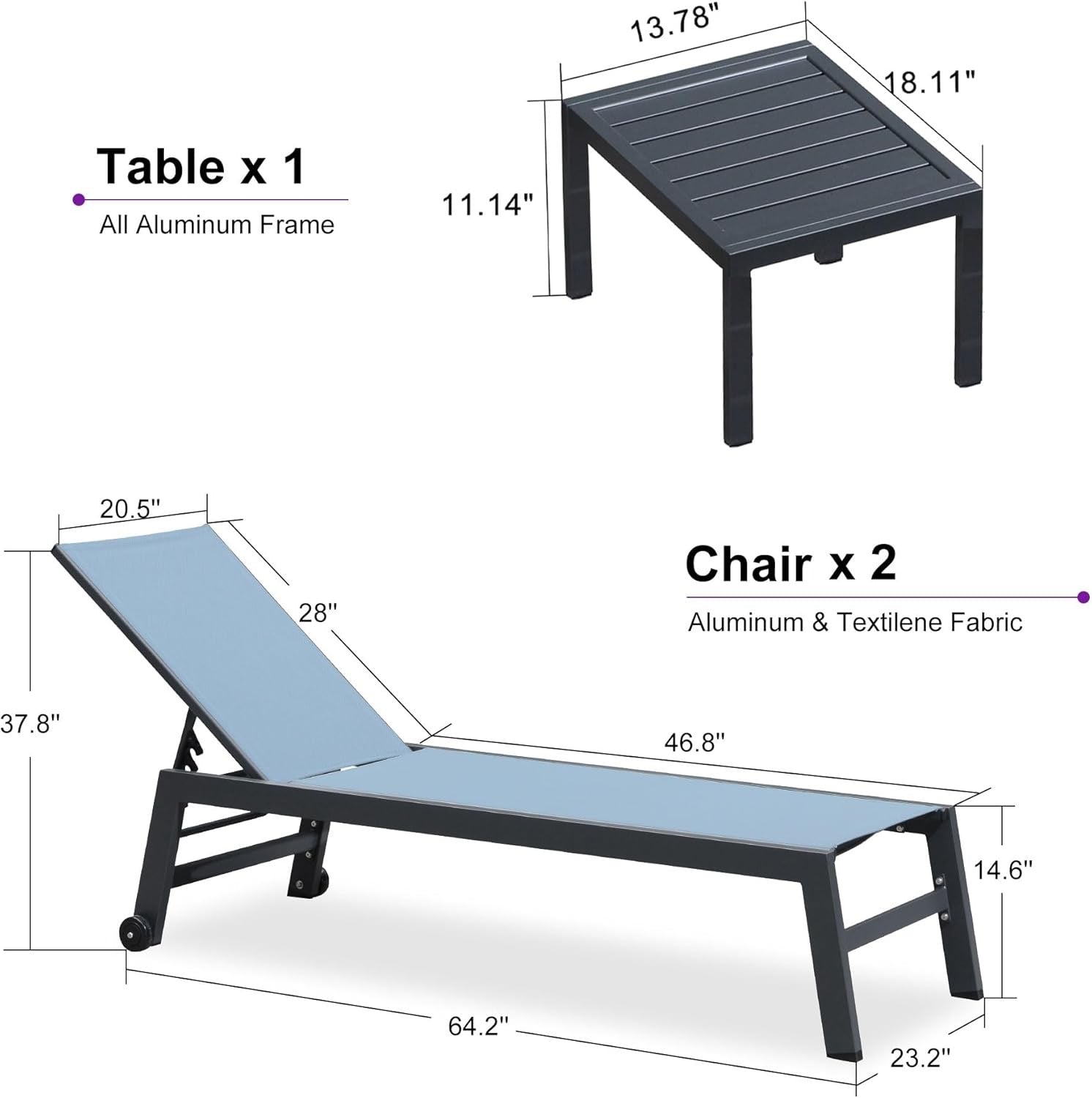 PURPLE LEAF Outdoor Chaise Lounge Set for 2 | Aluminum Poolside Lounge Chairs with Side Table (Teal)