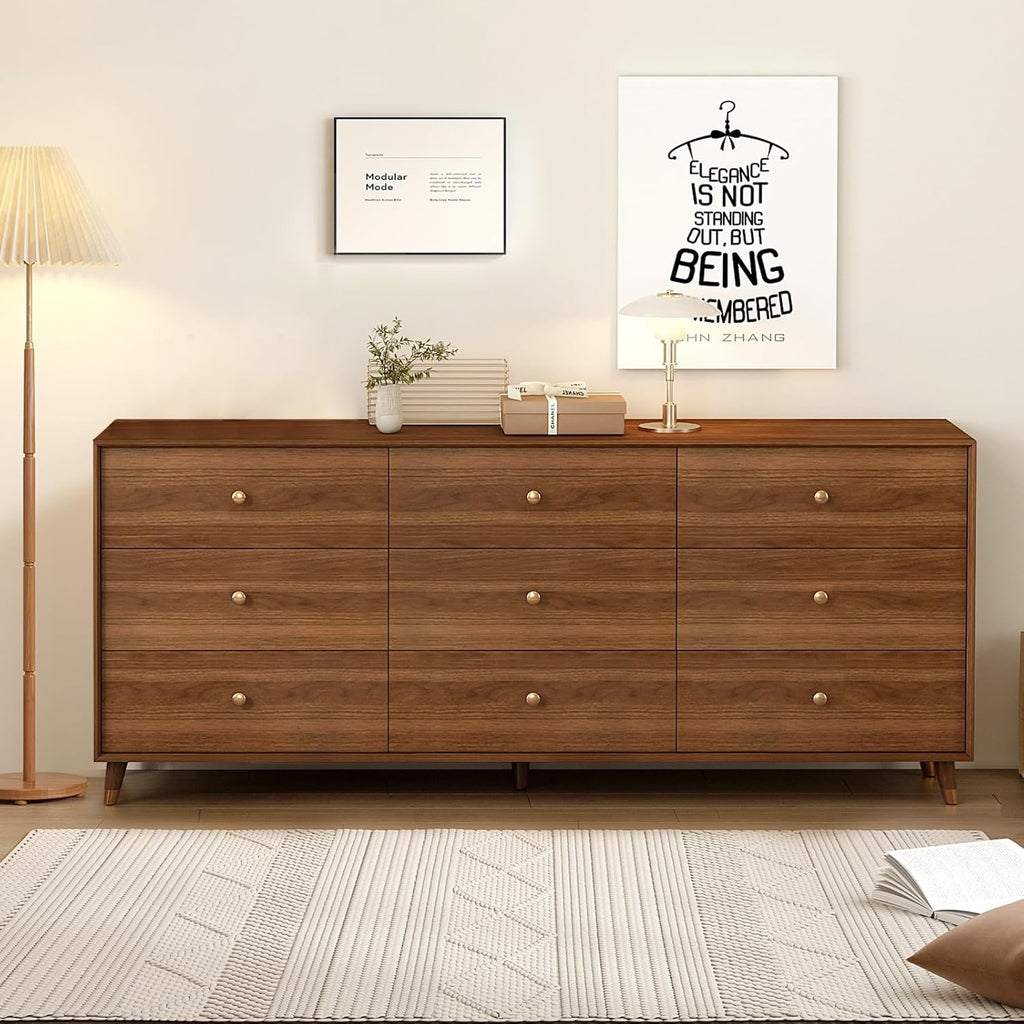 Mid-Century Modern 9-Drawer Dresser 63” | Walnut Solid Wood Storage Cabinet with Beveled Design