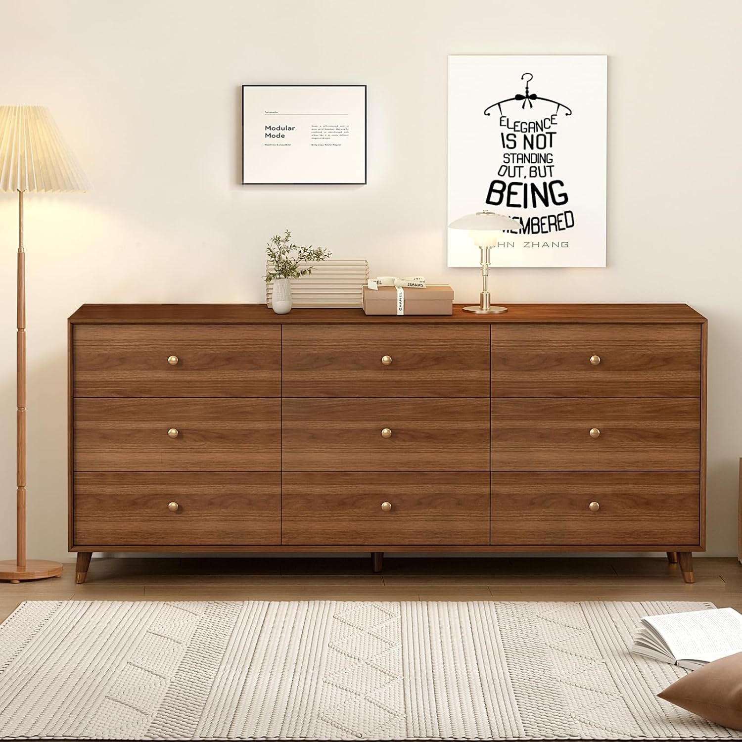 Mid-Century Modern 9-Drawer Dresser 63” | Walnut Solid Wood Storage Cabinet with Beveled Design